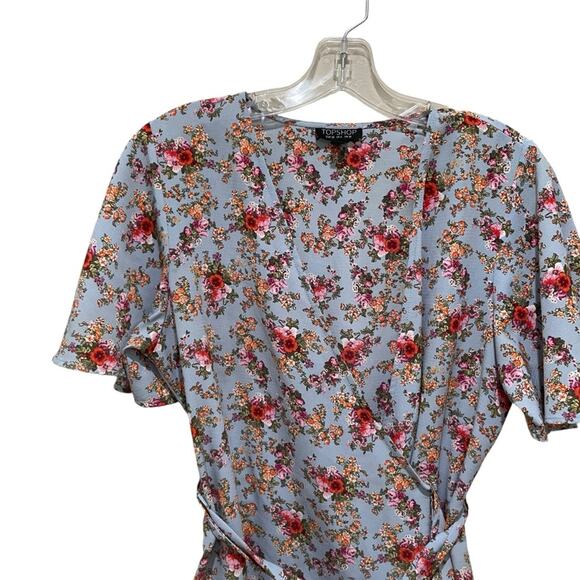 Topshop Confetti Floral Wrap Tea Dress Light Blue Multicolor Size 6 - Picture 5 of 9